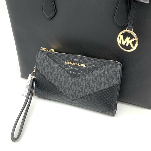 Michael Kors Bag Large Sheila Mf Tote Bag & Large Double Zip Wallet Black/Gold - Picture 12 of 14
